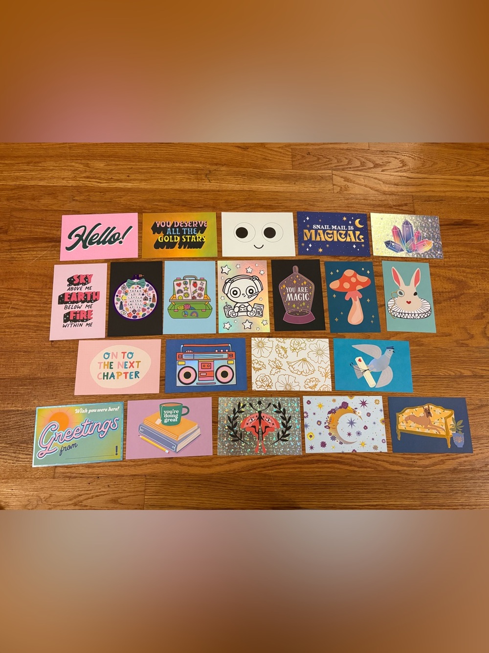 21 pipsticks postcards variety mushroom magic pigeon dog couch white rabbit moon